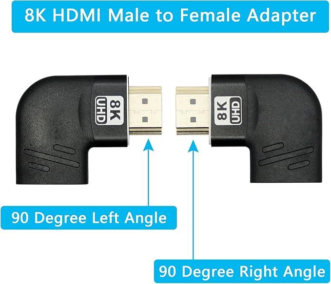 HDMI Male to HDMI Female Adapter 8K, Right Angle Gold Plated 90 Degree and 270 Degree, Supporting 8K@60Hz, 4K@120Hz, Suitable for Laptops, PC, Projectors, etc- 2Pcs