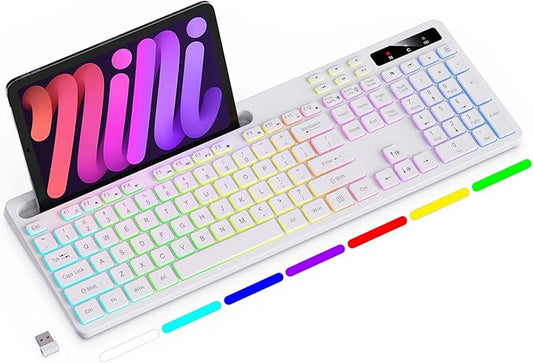 Wireless Keyboard with 7-Color RGB Backlit, Full-Size Computer Keyboard with Phone Tablet Holder, 2.4G Rechargeable Gaming Keyboard with Light Up Keys, Compatible with Mac, Windows (White)