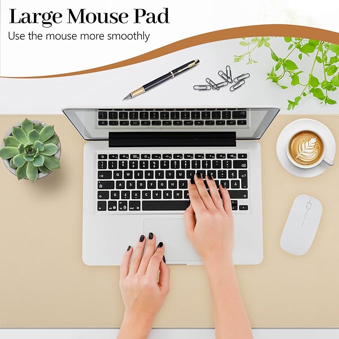 Beige Leather Desk Pad, Desk Matt for Desktop, Large Non-Slip Keyboard and Mouse Pad, Waterproof Computer Desks Protector Mat,35.4" x 17"