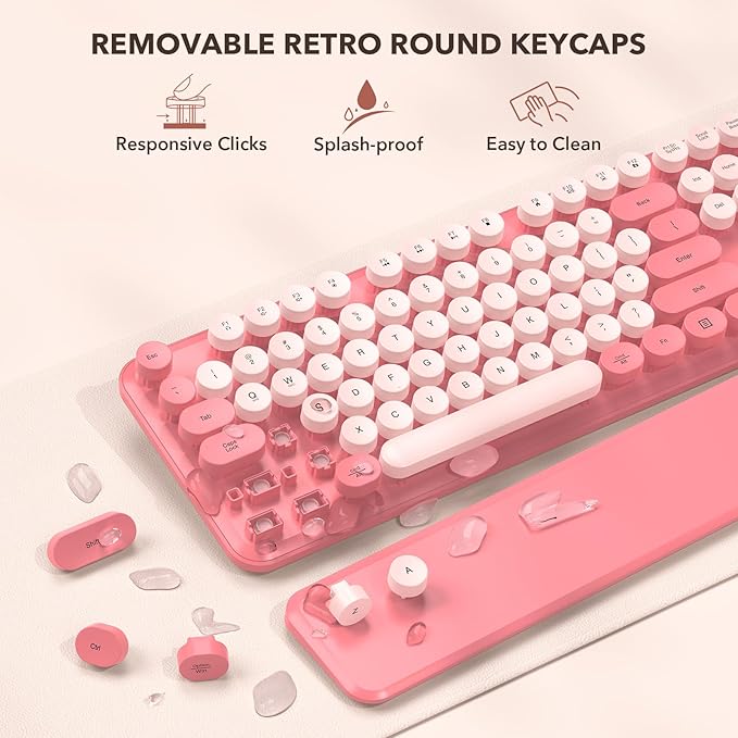 Wireless Keyboard and Mouse Combo, Cute Full-Size Retro Typewriter Keyboard with Round Keycaps, Magnetic Wrist Rest, Tilt Legs, 2.4GHz Cordless for Mac, Windows PC, Laptop, SABLUTE CK23, Baby Pink