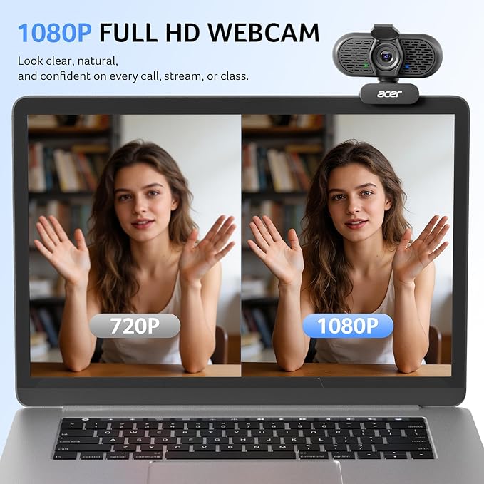 acer 1080p Webcam USB Plug and Play Webcam for PC with Noise Cancellation Microphones Computer Camera for Desktop Streaming Gaming Online Meeting Wide Angle Privacy Cover A-to-C Adapter Easy Setup