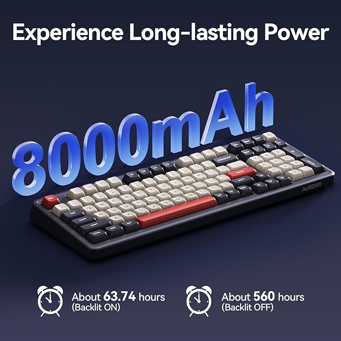 AUSDOM Wireless Bluetooth Mechanical Keyboard, BT5.3/Type-C/2.4G Tri-Mode Hot swappable Custom Gaming Keyboards, Gasket, RGB, Numpad, Blue Computer Keyboard for Mac/Win/Office, 98 Keys(Click Sound)