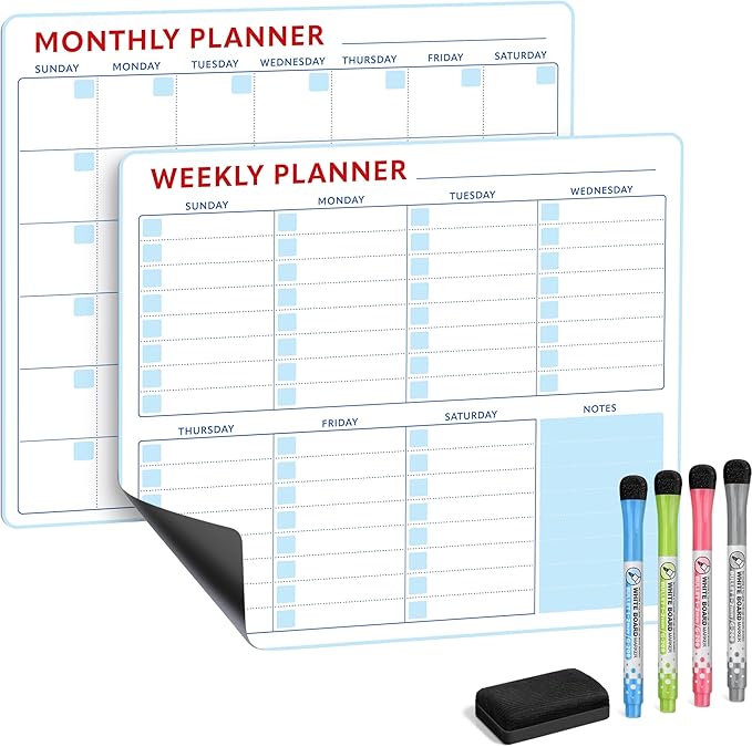 Magnetic Whiteboard Calendar for Fridge – 2-Pack Monthly & Weekly Planners (14”x12”) – Dry Erase Boards with Notes Section, Shaded Dates – Includes 4 Markers & Magnetic Eraser