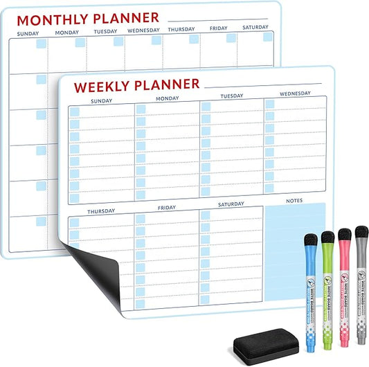 Magnetic Whiteboard Calendar for Fridge – 2-Pack Monthly & Weekly Planners (14”x12”) – Dry Erase Boards with Notes Section, Shaded Dates – Includes 4 Markers & Magnetic Eraser