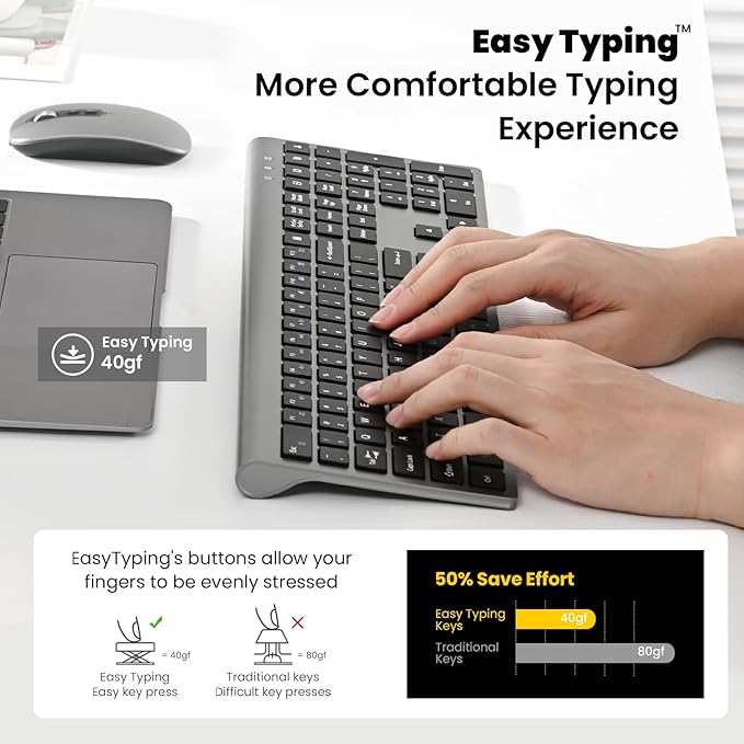 Rechargeable Wireless Keyboard and Mouse Combo, Full Size Silent Ergonomic Scissor Switch Keyboard and Optical Mouse Set, 2.4G Lag-Free Cordless Keyboard Mice for Computer,Mac,Laptop,PC,Windows-Grey