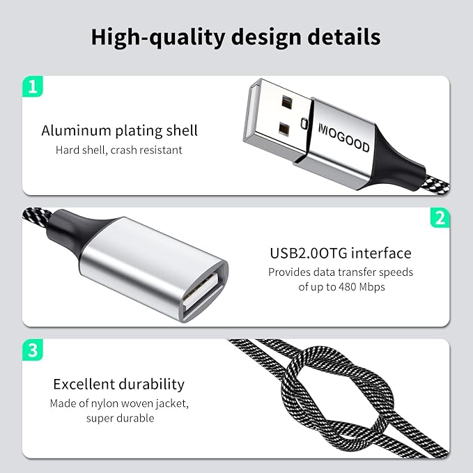 MOGOOD USB 2.0 Adapter, Dual USB Port Extender Hub for Laptop/Mac/Tesla Model 3 Charging/Data Transfer