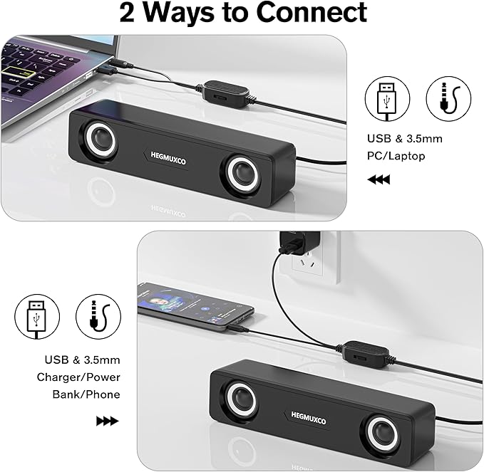 Compact PC Speakers for Desktop - 10W Wired Stereo Speaker with Volume Control Knob, USB Powered, 3.5mm Audio Input, Laptop Expertly Tuned Computer Soundbar with Deep Bass for Office, Home, and Gaming