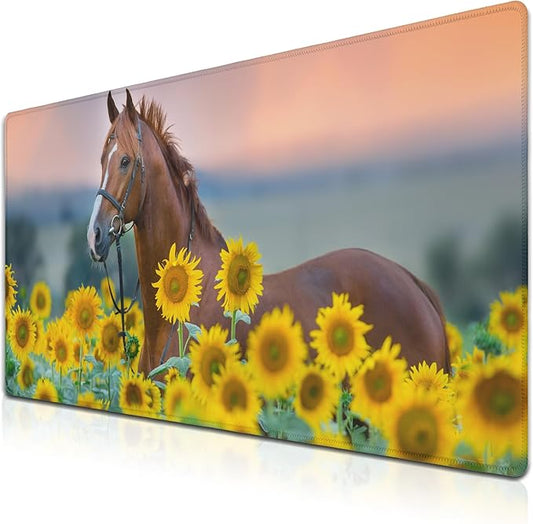 Gaming Desk Mat Sunflowers, Gaming Mousepad Computer Desk Pad, Home Office Decor Non-Slip Rubber Base Waterproof with Stitched Edges, 35.4 X 15.7 inch for Work/Game/Office/Home Red Stallion