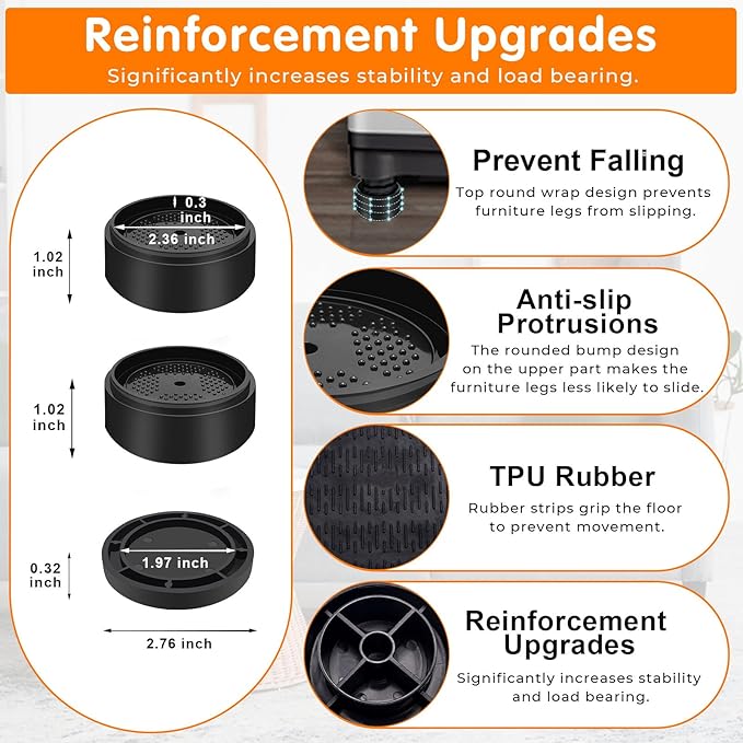 Furniture Risers Bed Risers Heavy Duty 1 inch, 2 inch, 3 inch, 4 inch Round Adjustable Bed Lifts Riser for Desk Legs Table Couch Sofa Chair Refrigerator Washing Machine (1+1+1 Inch, Black, 4 Pack )