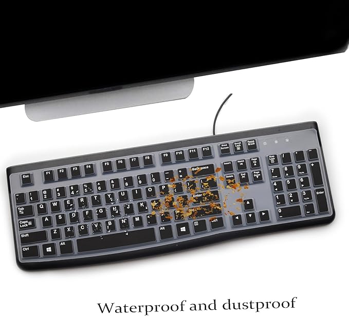 2 Pack Keyboard Cover for Logitech K120 & MK120 Ergonomic Desktop USB Keyboard, Logitech K120 & MK120 US Layout Waterproof Anti-Dust Keyboard Skin-Black+Clear
