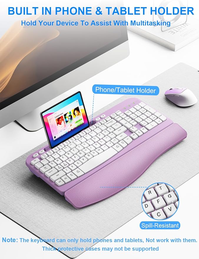 Wireless Keyboard and Mouse Combo, Wave Keys Computer Ergonomic Keyboard with Cushioned Plam Rest, Phone Holder, 2.4GHz Silent 6 Button Wireless Mouse Set for Laptop, PC, Windows, Mac (Purple)