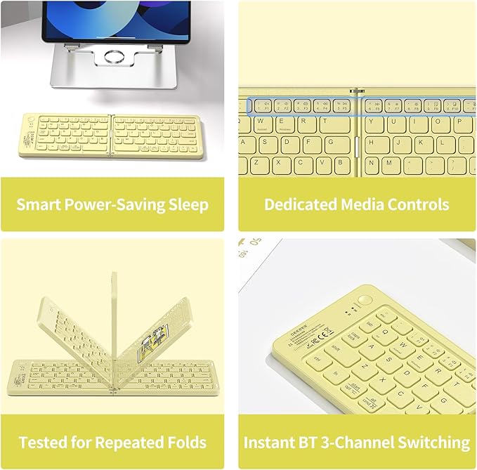 Foldable Mini Bluetooth Keyboard, Portable Compact Wireless Rechargeable Keyboard with 67 Slim Quiet Keys, Cute Pocket-Sized Travel Keyboard for iPad iPhone Android Tablet Mac Windows-Beige