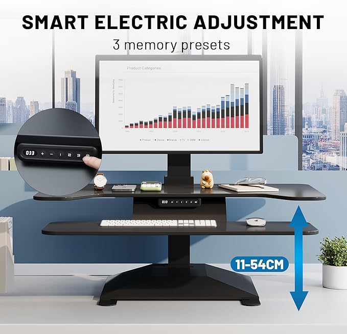 Electric Standing Desk Converter 36" Wide, Height Adjustable Desk Riser, Computer Workstation, Sit-Stand Convertor for Home, Office, School (Black, 1 Arm Included)