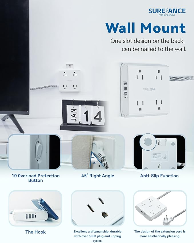 4-Outlet Power Strip with USB C-SUREANCE Surge Protector, 4 USB Ports, 1050J, 5FT Extension Cord, Flat Plug, Wall Mountable, ETL Listed - Desktop Charging Station for Home, Office, Dorm Essentials