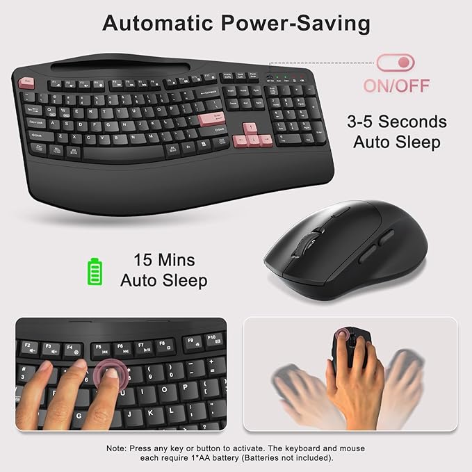 Wireless Keyboard and Mouse Combo, 2.4G Full Size Wave Keys Ergonomic Keyboard with Wrist Rest, Phone Holder, 3-Level DPI Wireless Silent Mouse with 6-Buttons, for Windows (Pink)