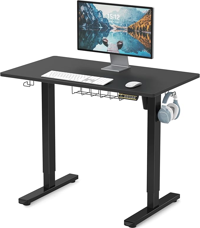 SHW 40 x 22 Inches Electric Height Adjustable Sit to Stand Desk with Hanging Hooks and Cable Management, Black Frame and Black Top