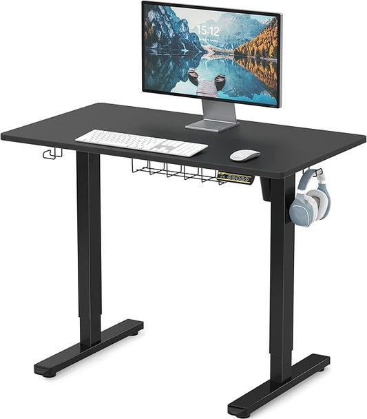 SHW 40 x 22 Inches Electric Height Adjustable Sit to Stand Desk with Hanging Hooks and Cable Management, Black Frame and Black Top