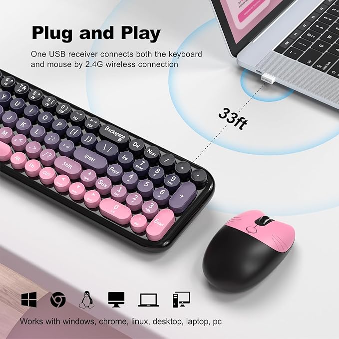 Wireless Keyboard and Mouse Combo, MOWUX Compact Typewriter Retro Round Computer Keyboard, Cute Optical Mouse Wireless, Plug and Play, for Laptop, PC, Computer- Plum Pink Gradient