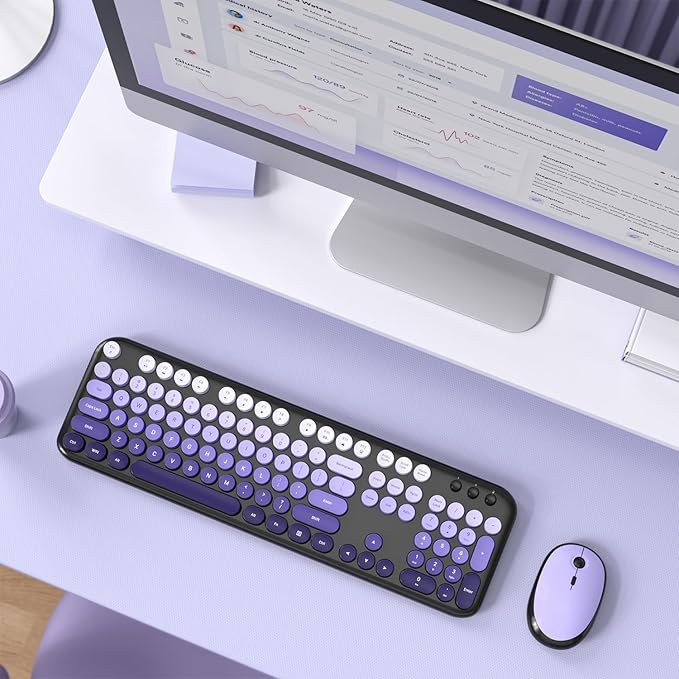 Wireless Keyboard Mouse Combo - Lovely Blackpurple-Gradient Rainbow Full-Sized Typewriter Colorful Keyboards, Round Keycap Plug Play Retro Cute Keyboards for Windows, Laptop, PC, Desktop, Computer