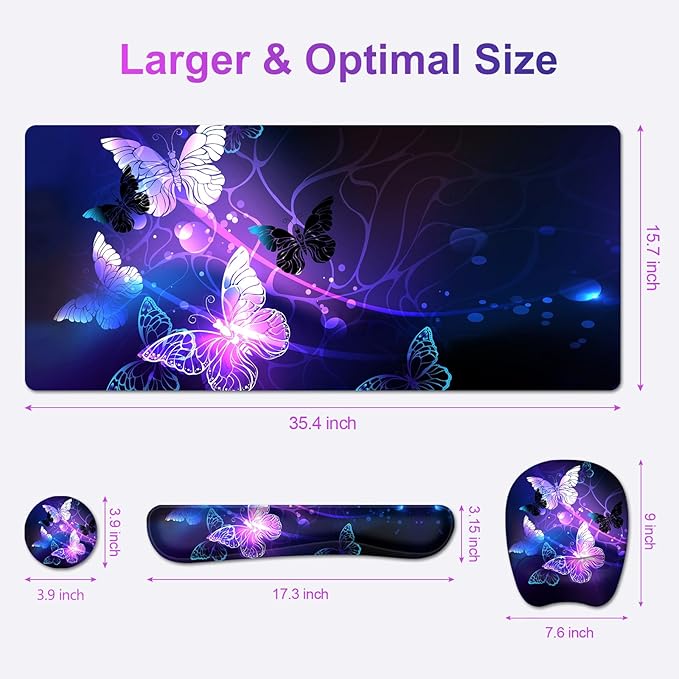 Large Mouse Pad with Wrist Support 4in1 Set, XXL Game Mousepad + Keyboard Wrist Rest+Mouse Wrist Rest+Coaster with Ergonomic Design Gaming Mat for Home Office Table Computer I Purple Butterfly
