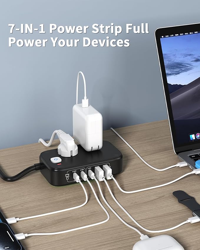 7-in-1 USB Power Strip, 85W Charging Station 5FT Extension Cord with Multiple Outlets with 3 USB-C, 2 USB-A Ports and 2500W AC Outlet for Home/Office/College/Travel (Black)