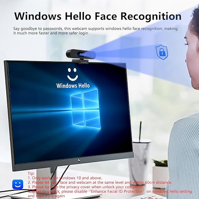 Window Hello Webcam, 1080P 30fps Camera with Noise-reducing Mic, Plug & Play, 90° Wide Angle, Built-in Privacy Cover, 360° Rotation & 90° Tilt, Perfect for Zoom, Google Meet, Microsoft Teams
