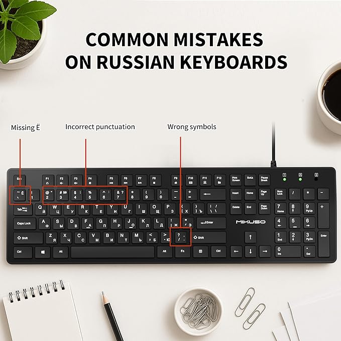 Russian Keyboard with English (Cyrillic),Non Fading Characters,12 Multimedia Keys USB Interface,1.6m line Length Suitable for Computer Laptop PC,Full Size with Number Key,Plug and Play