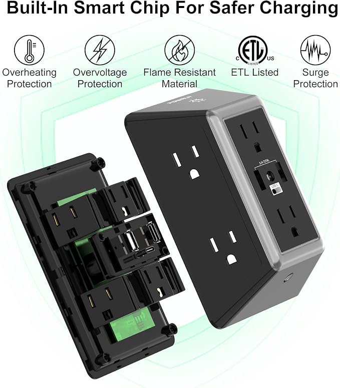 Outlet Extender Power Strip, POWRUI 6 AC Surge Protector Outlets with 3 USB Ports (1 USB C) and Night Light, 3-Sided Multi Plug Wall Outlet with Spaced Outlets - Black, ETL Listed