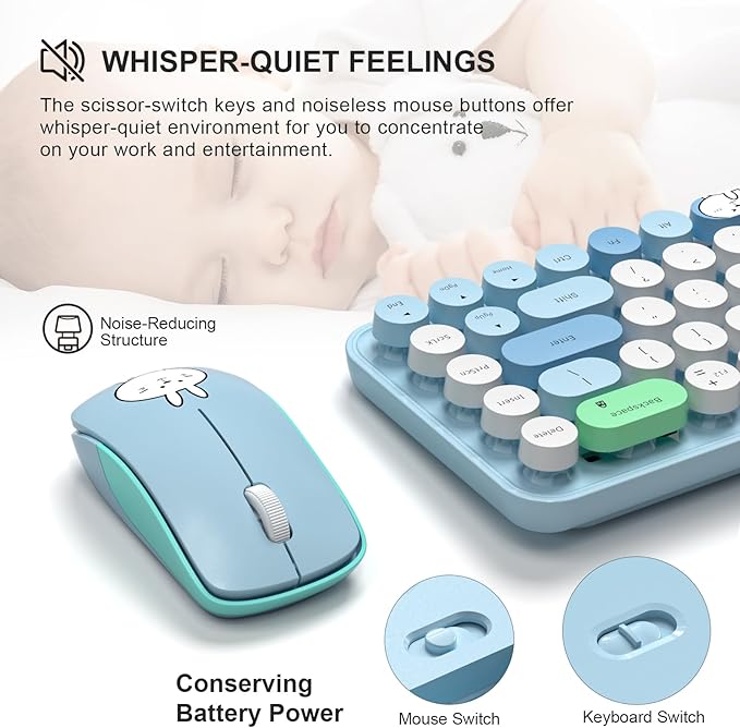 FOPETT Wireless Keyboard and Mouse Cute Mouse and Keyboard 2.4G Wireless Keyboards with Colorful 68 Keys Typewriter Retro Round Keycap for PC, Laptop,Tablet,Computer Windows - Blue Colorful
