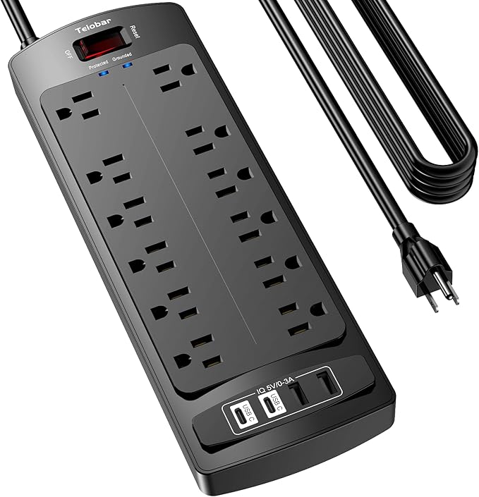 20 Ft Extension Cord Power Strip, Teiobar Surge Protector with 12 AC Outlets and 4 USB Ports for Home, Office, Dorm Essentials, 1875W/15A, 2700 Joules, ETL Listed, Black
