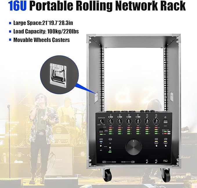 Portable Rolling Network Rack, 19 Inch 16U 4 Post Server Rack Open Frame Rolling Network Data Rack w/Casters, Metal Studio Rack Cabinet for Audio Video, Telecom, Equipment