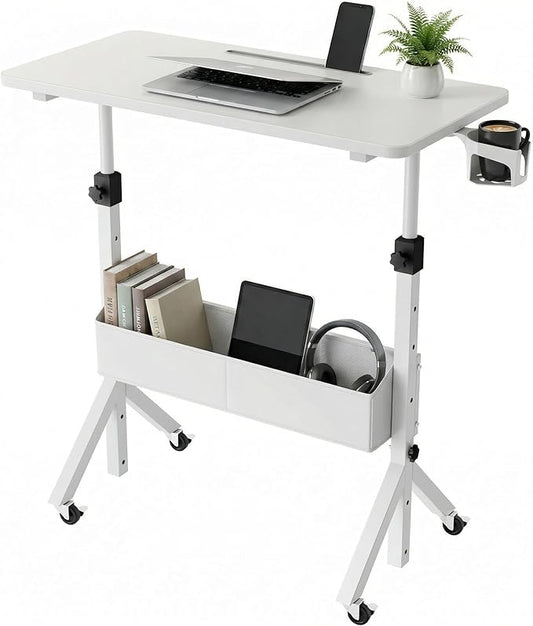 HUANUO Mobile Standing Desk with Wheels and Storage Basket, Height Adjustable 28.7"-46.1" Rolling Desk for Walking Pad, Small Space Laptop Computer Workstation for Home Office,White