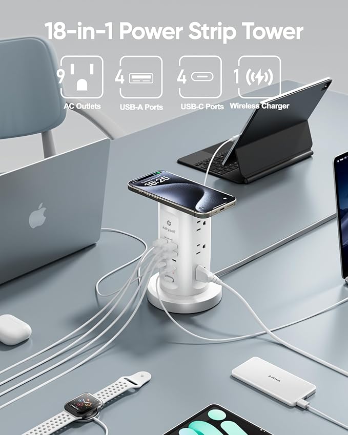 30W USB Charging Station, Surge Protector Power Strip Tower, 9 AC Outlets with 8 USB Ports(4 USB-C), 6Ft Flat Plug Retractable Extension Cord, for Home Office Dorm, White