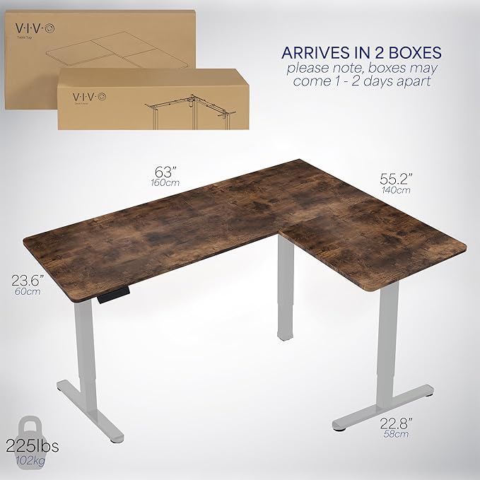 VIVO Corner Standing Desk, 63 x 55 inch Reversible L-Shaped Workstation, Electric Height Adjustment, Home, Office, and Reception Rooms, Rustic Vintage Brown Table Top Gray Frame, DESK-E3CTGN
