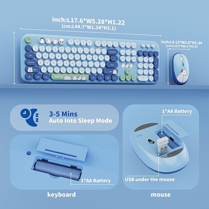 Wireless Keyboard and Mouse Combo, 2.4GHZ Typewriter Retro Full Size Keyboards, Cute Colorful Computer Keyboard and Wireless Mouse for Laptop/Desktop/Windows/PC (Blue Colorful)