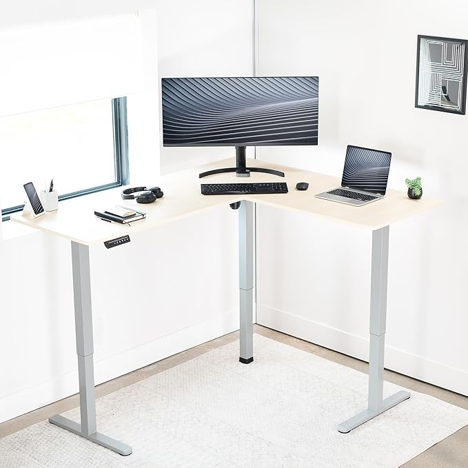 VIVO Corner Standing Desk, 63 x 55 inch Reversible L-Shaped Workstation, Electric Height Adjustment, Home, Office, and Reception Rooms, Light Wood Table Top Gray Frame, DESK-E3CTGC