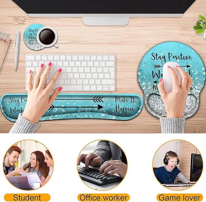 Keyboard Wrist Rest and Mouse Pad with Wrist Support, Ergonomic Mouse Pad Coaster,Easy Typing Pain Relief,Keyboard Mousepad Set,Stay Positive Work Hard and Make It Happen Blue Glitter