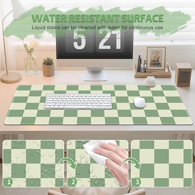 Desk Mat for Keyboard and Mouse, Large Mouse Pad Non-Slip Keyboard Pad, Computer Mats for Desktop, Cute Check Desk Pad with Stitched Edges for Office, Gaming I Sage Green Grid