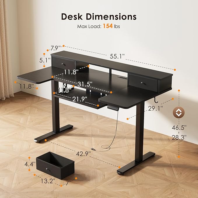 OffiGo U Shaped Electric Standing Desk with Drawers, 55 Inch Height Adjustable Desk with Keyboard Tray ＆ Ergonomic Monitor Stand, Sit Stand Table with Power Outlets for Home, Office, Black