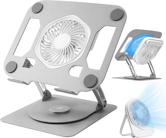 SHUWEI Laptop Cooling Stand with Detachable Desk Fan, Adjustable Height & Angle, 360 Rotating Base, Carbon Steel Framework, Ultra-Quiet & Super Sturdy for up to 16”Laptop-Sliver