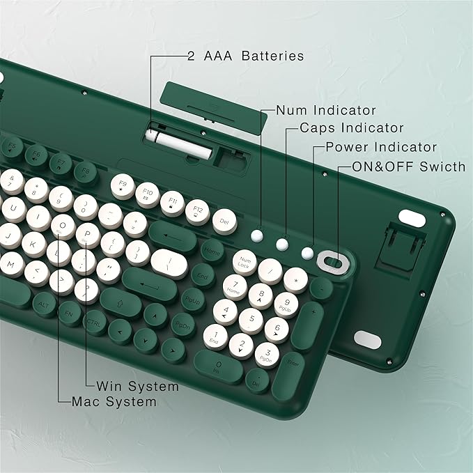 Wireless Keyboard and Mouse Combo, Full-Size Retro Typewriter Keyboard Style, 2.4GHz USB Receiver, Plug-and-Play, Keyboard Mouse Set for Computer, Laptop, Windows, Mac, and PC (Green)
