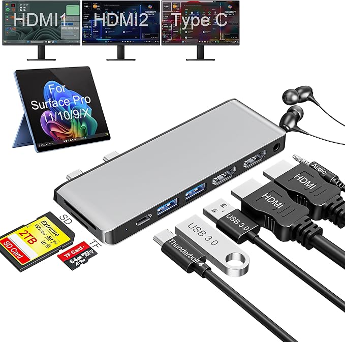 Surface Pro 9/10/11/X Docking Station, Quad Display Surface pro 11 USB Hub with Dual 4K@60Hz HDMI, USB-C (4K@60Hz Video+40Gbps Data+100W Charge), 2 USB3.0, SD/TF, 3.5mm Mic for Surface Pro 11/10/9/X