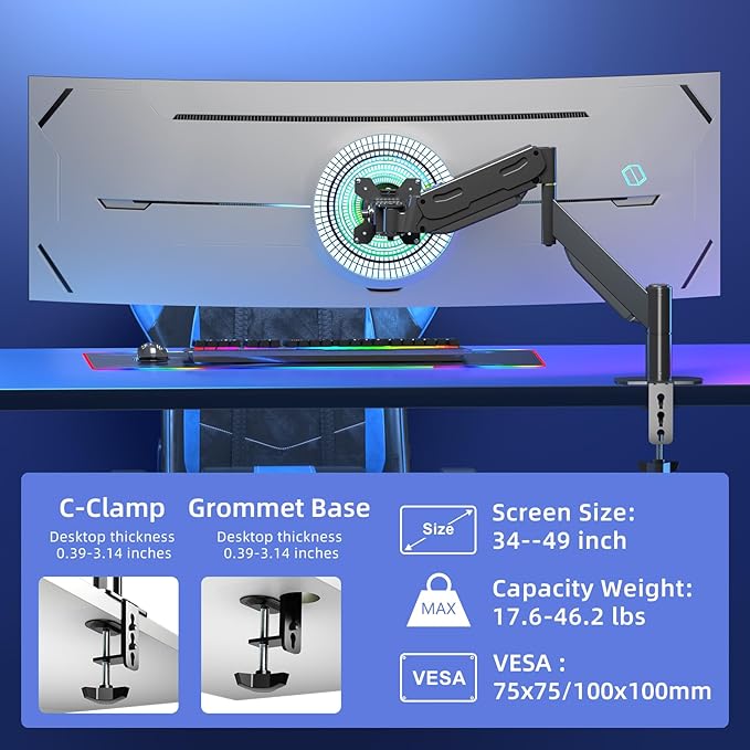 Pholiten Premium Aluminum Heavy Duty Monitor Arm, Ultrawide Monitor Arm, Full Motion Single Computer Mount for Computer Screens up to 49 Inches and 46.2lbs, Adjustable Clamp and Grommet Vesa Mount