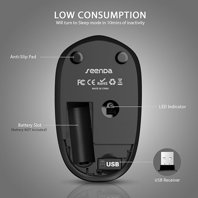 seenda Wireless Mouse for Laptop, 2.4G Noiseless Mouse with USB Receiver - Optical Tracking Portable Computer Mice for Chromebook, PC, Tablet, Windows System, 24 Months Battery Life - Black