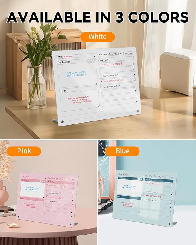 Acrylic Dry Erase to-Do List Board with Top Priorities Notes, 9x13 Desktop Whiteboard Planner with Stand, Clear Acrylic Task Organizer for Office/Home/School, Includes 3 Dry Erase Markers (Blue)