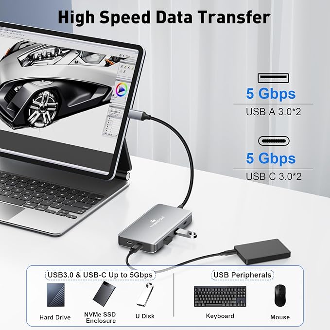 USB C Docking Station Dual Monitor, Laptop Docking Station 3 Monitor, USB C Hub Dual 4K@60Hz HDMI Display with DisplayPort Port, 5Gbps USB-A/C Data Port, 100W PD, for HP/Dell/Lenovo/Laptop