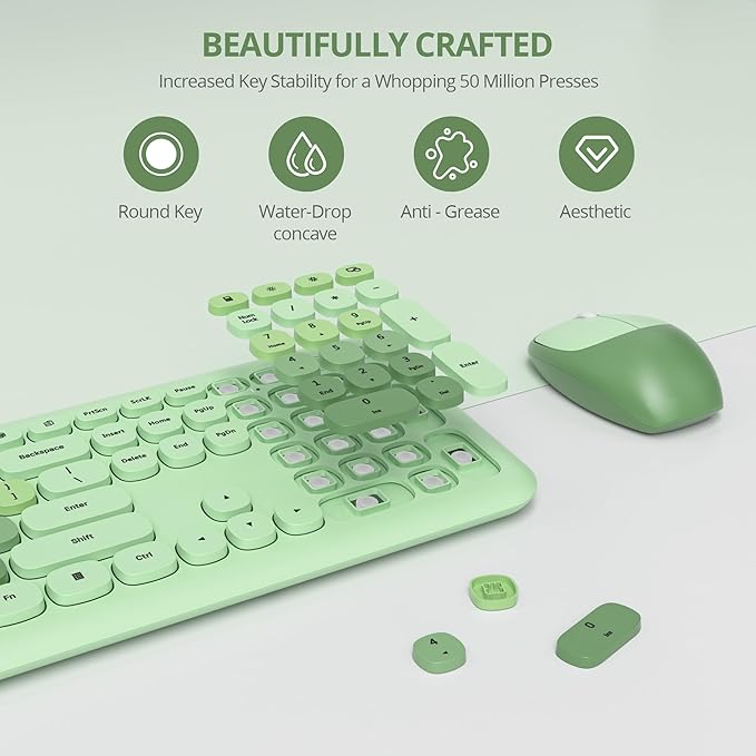 surmen Cute Green Keyboard and Mouse Wireless, Full-Size Retro Typewriter Wireless Silent Colorful Keyboard Low-Noise 2.4GHz for Home and Office（Light Green）