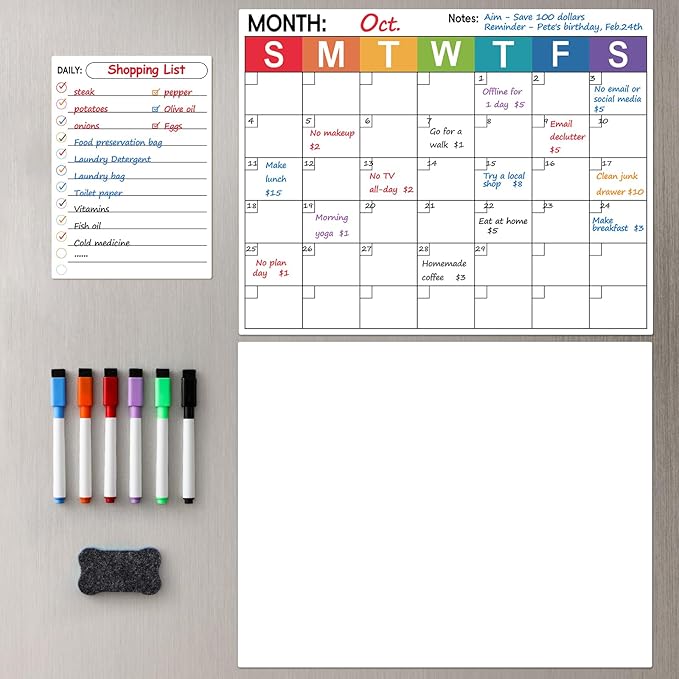 3 Pack Dry Erase Magnetic Calendar for Refrigerator - Monthly & Blank & Daily Planner Magnet Whiteboard for Fridge Wall - Shopping, Meal/Menu, to Do List, Family Schedule Planning Board (9CO-3RIKO)