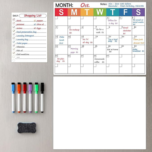 3 Pack Dry Erase Magnetic Calendar for Refrigerator - Monthly & Blank & Daily Planner Magnet Whiteboard for Fridge Wall - Shopping, Meal/Menu, to Do List, Family Schedule Planning Board (9CO-3RIKO)