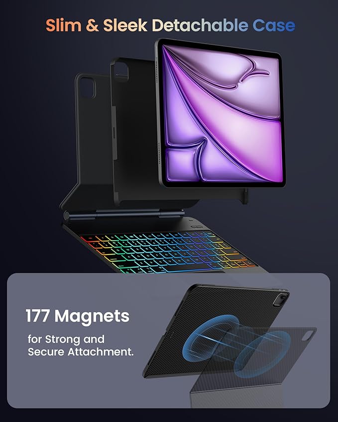 typecase Edge+ Keyboard Case for iPad Air 13"(M4/M3/M2, 2026/2025/2024) & iPad Pro 12.9"(3/4/5/6th Gen),Ultra-Slim Detachable Case,Portrait &Typing Modes,11-Color Backlight,Magnetic Stand,Carbon Fiber